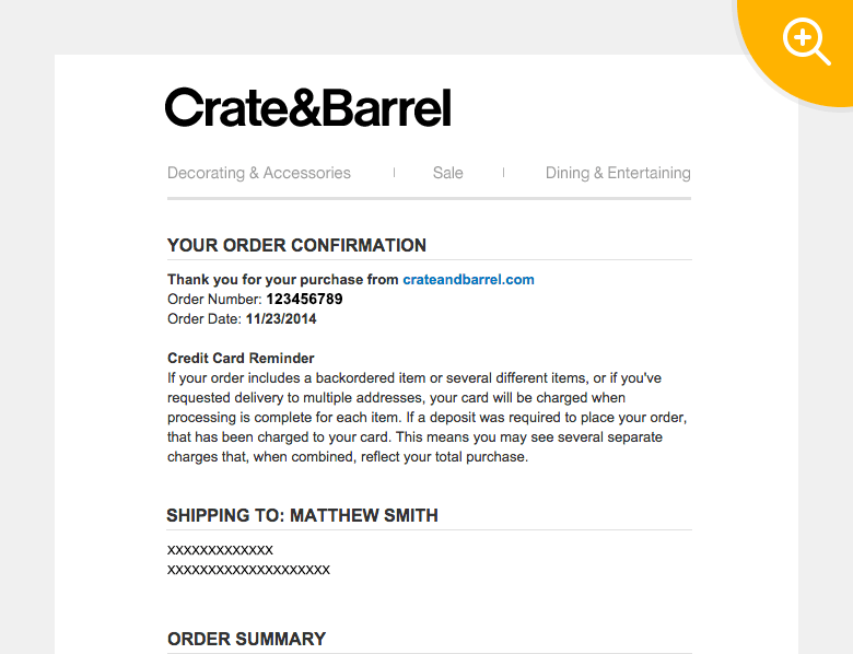 Example: Triggered email by Crate & Barrel upon order confirmation