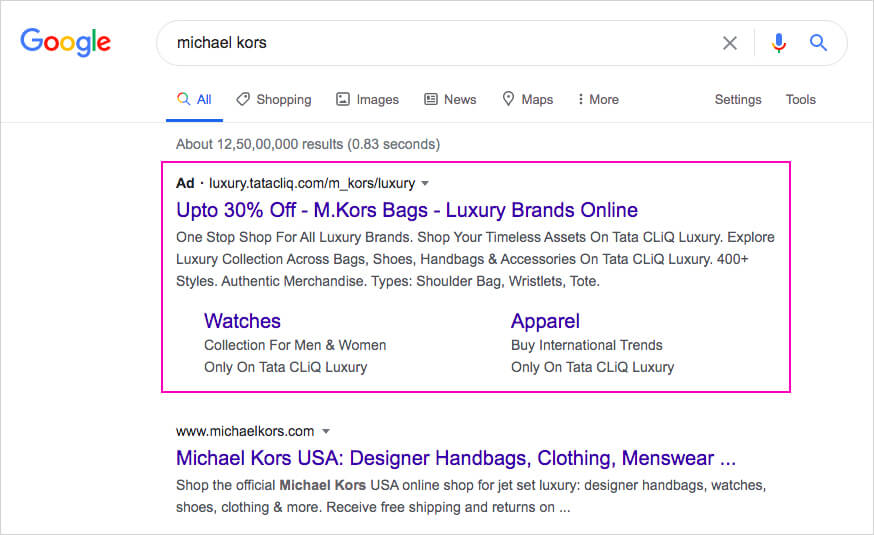 Targeted ads on Michael Kors bags for a generic term