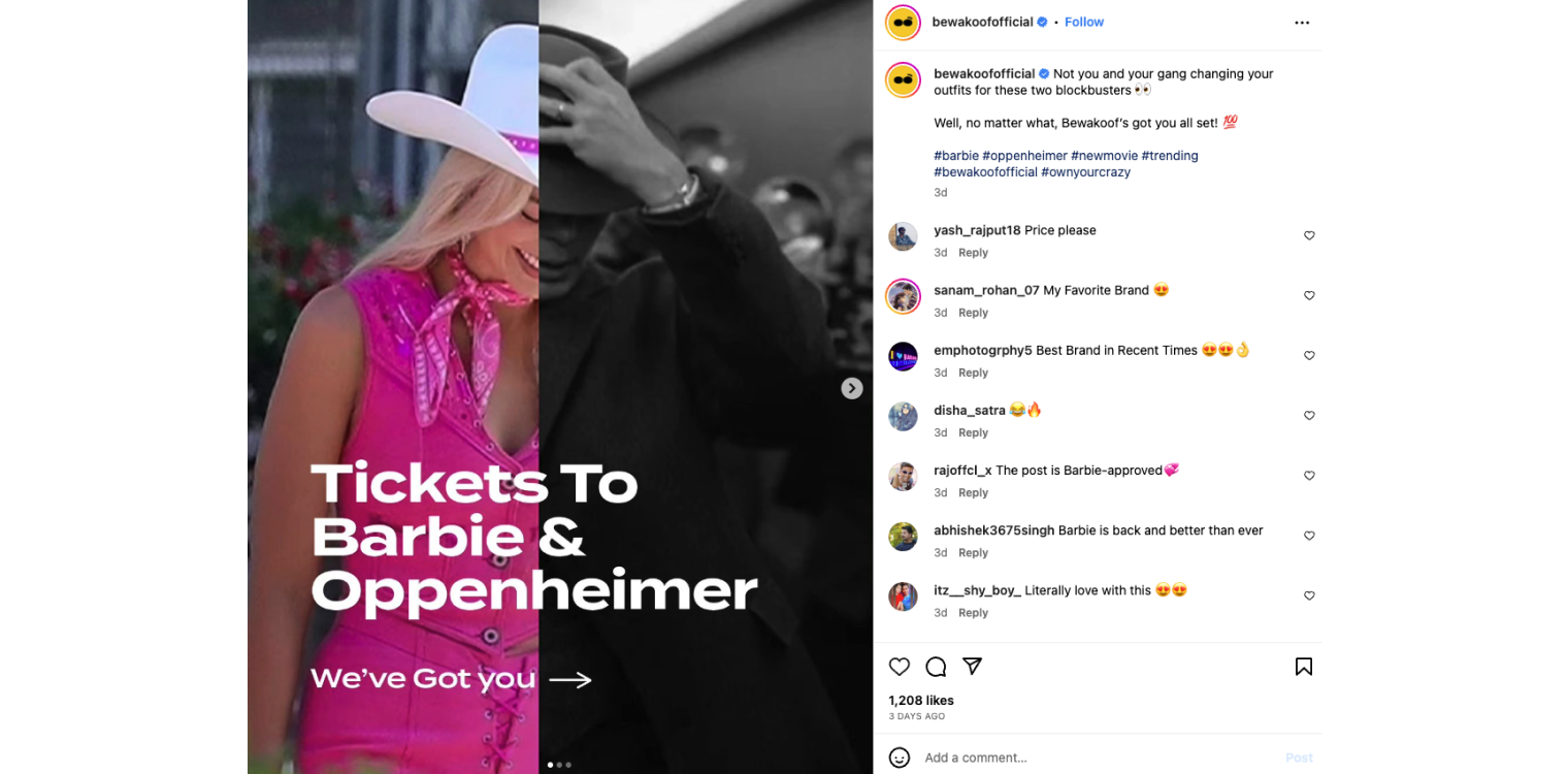 Bewakoof jumping in on the Barbie VS Oppenheimer debate moment marketing